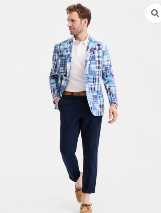 None Other - NWOT Blue Patchwork Plaid Check Mens Blazer / Sports Coat 100% Cotton Size 48L